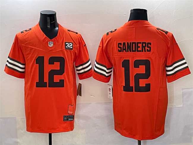 Mens Cleveland Browns #12 Shedeur Sanders Orange 2025 Draft F.U.S.E. With Jim Brown Memorial & Home Patch Vapor Limited Stitched Jersey